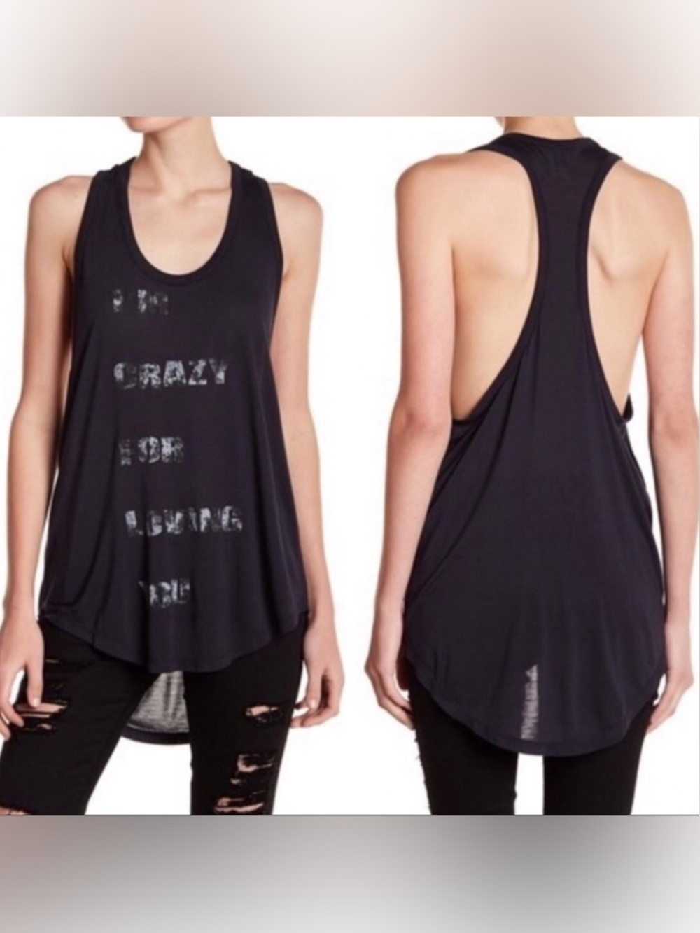 Haute Hippie "I'm Crazy For Loving You" Long Racerback Tank Midnight Size Small